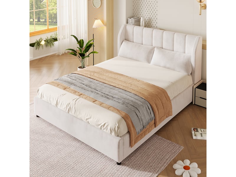  Lit capitonné 140x200 cadre de lit en velours beige avec sommier  - Conforama B
