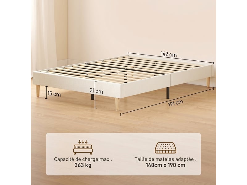  Cadre de lit 140 x 190 cm avec sommier, lit double rembourré en velours côtelé, espace de rangement au-dessous, crème  - Conforama C