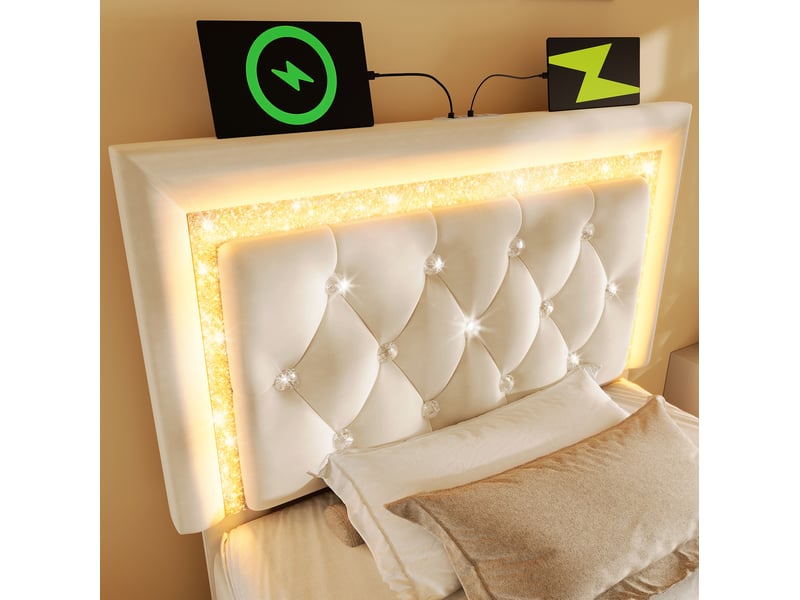  Modenvie lit coffre 1 place 90x200 cm - led intégrée, ports usb et usb-c, matelas inclus - beige  - Conforama E