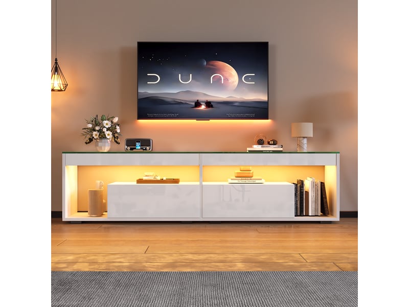  Meuble tv led 180x40x46 cm haute brillance pour tv jusqu’à 70 pouces avec 2 tiroirs, salon chambre, panneaux de particules, blanc Sol Morn - Conforama B