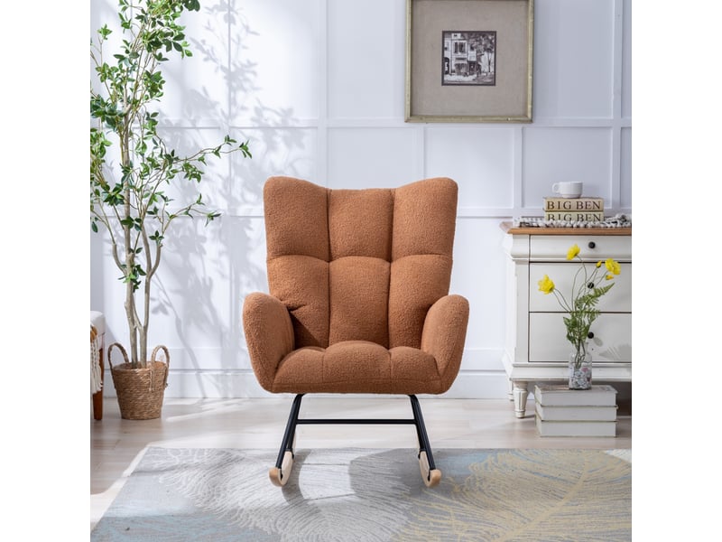  Fauteuil à bascule en tissu bouclette, chaise d'allaitement marron avec poche latérale, base en bois massif, 65x77x90 cm  - Conforama D