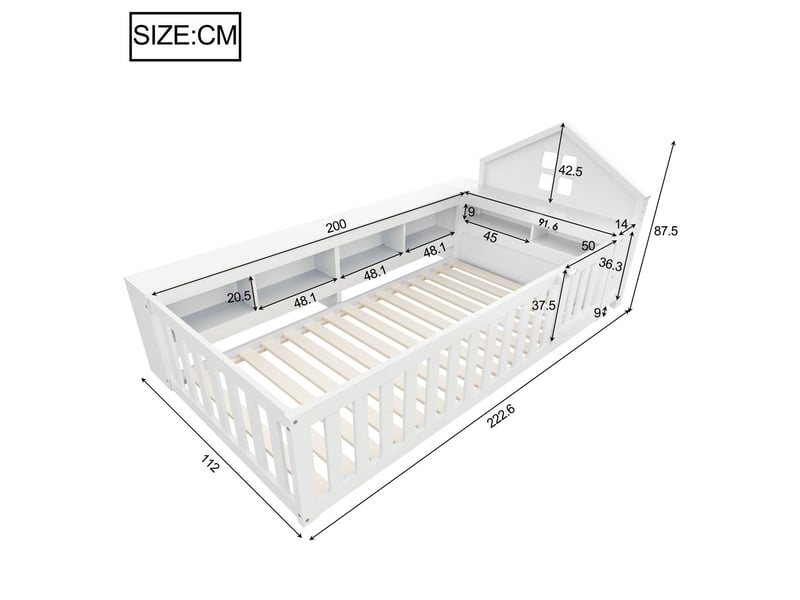  Lit cabane enfant 90x200, garde-corps haut sécurité renforcée lit enfant, structure bois massif, rangement intégré, design ludique  - Conforama C