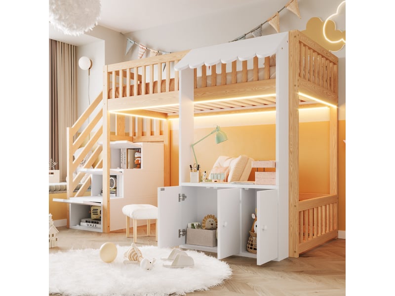  Lit mezzanine 90x200 cm, escalier et placards de rangement, led multicolores, en bois, bois clair et blanc  - Conforama B