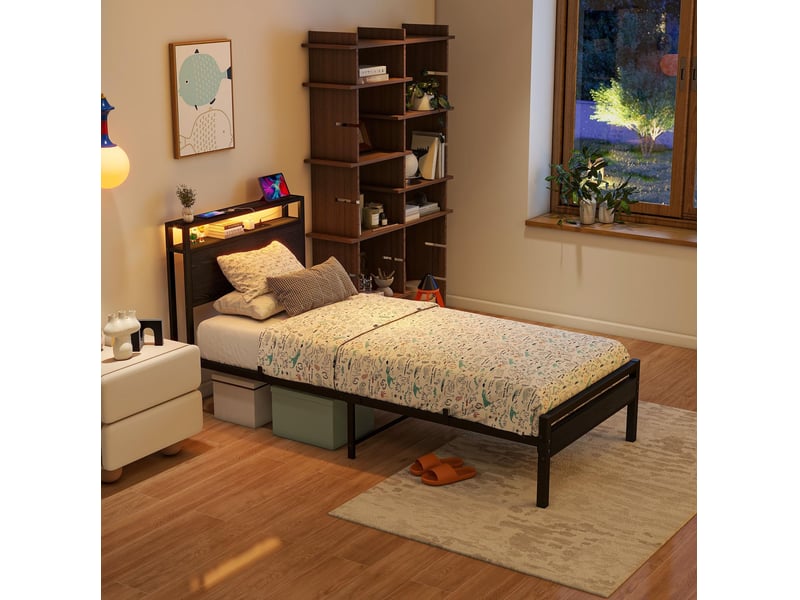  Lit simple 90x200, noir, mdf et métal, doté de prise, usb type-c, tête de lit 2 niveaux et rangement, sans matelas  - Conforama D