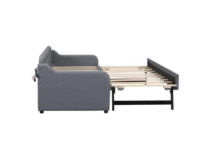  Canapé lit 90x200 en lin gris avec lit gigogne extensible et port usb intégré  - Conforama W