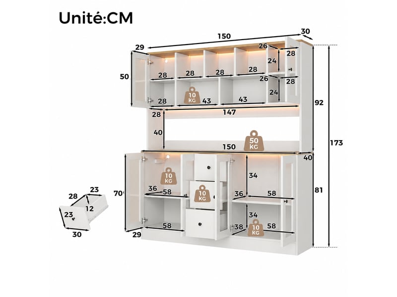 Meuble de cuisine muvano, buffet haut de cuisine avec led, blanc et décor bois, 150 × 40 × 173 cm - Conforama W