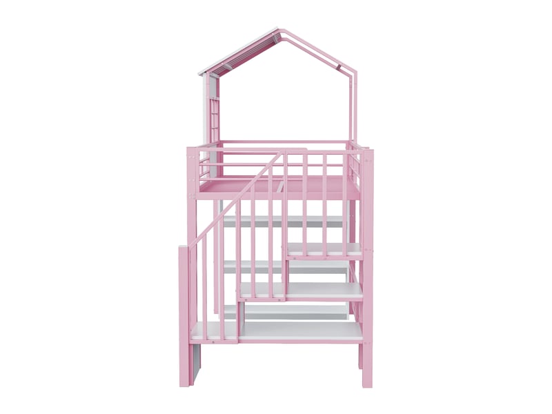 Lit cabane mezzanine métal rose 90x200 cm - étagères, escalier réversible et garde-corps haut - sans matelas - Conforama E