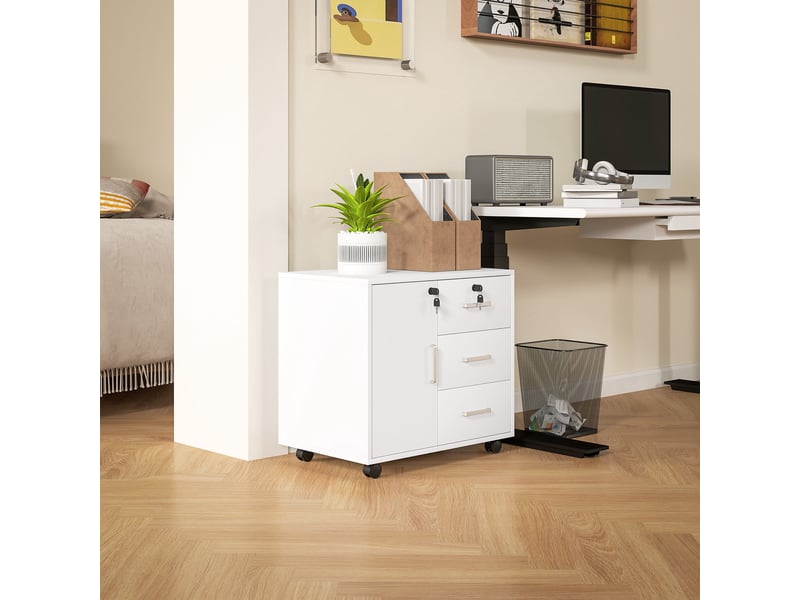  Classeur de bureau à 3 tiroirs et 3 étagères réglables, en bois, 60 x 40 x 56 cm, blanc  - Conforama C