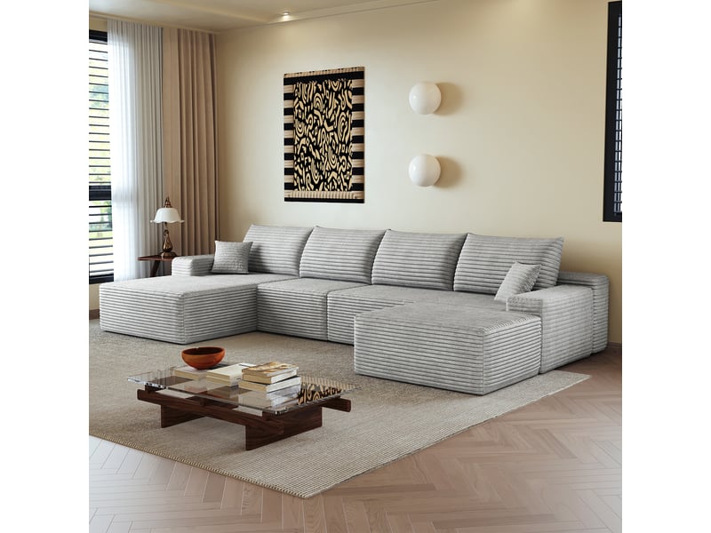  Canapé modulable d’angle en mousse 340 cm, méridienne en l, velours côtelé, assise profonde – gris IKSETERA TRADING LTD - Conforama B