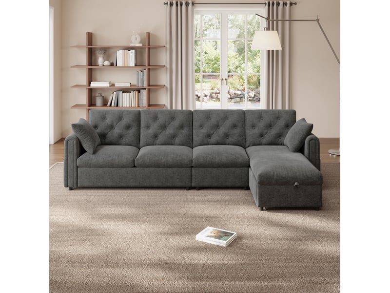  Canapé d'angle convertible modenvie 4 places réversible avec rangement 281 x 132 cm gris polyester flanelle  - Conforama E