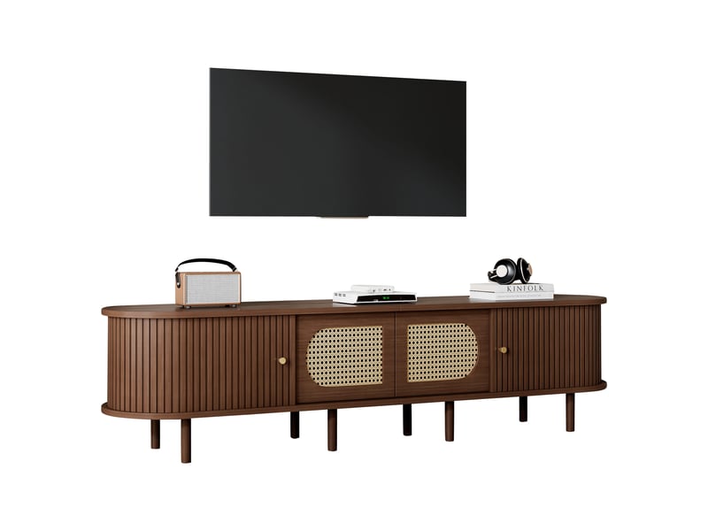  Meuble tv noyer 180 cm ovale style vintage avec portes rotin et coulissantes pour écran 80 pouces  - Conforama A
