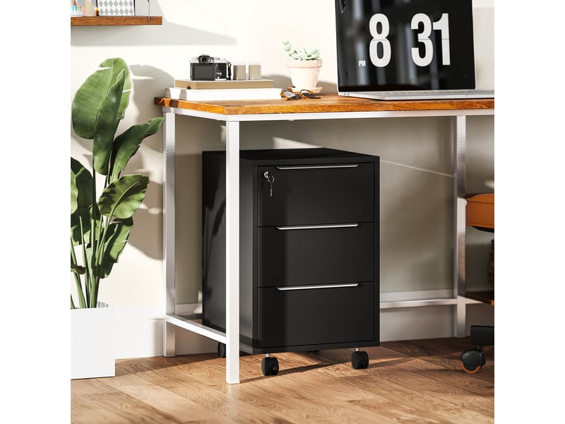  Caisson de bureau à roulettes avec 3 tiroirs et serrure, meuble rangement bureau sur roulettes, 40 x 40 x 63,5 cm, noir  - Conforama C