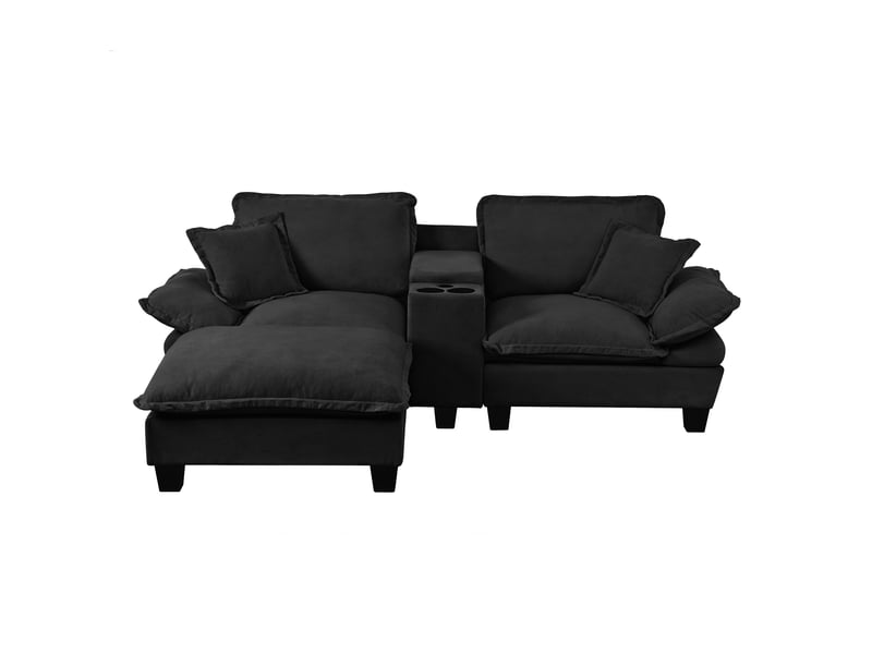 Canapé d'angle, canapé modulable, en chenille, noir, porte-gobelets, avec pouf, usb, adapté à l'espace de vie, style cloud - Conforama B
