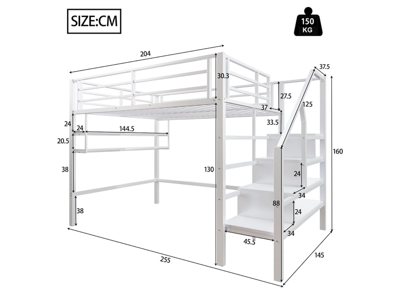  Lit mezzanine enfant 140x200 cm avec rangements, échelle et espace libre, blanc  - Conforama C