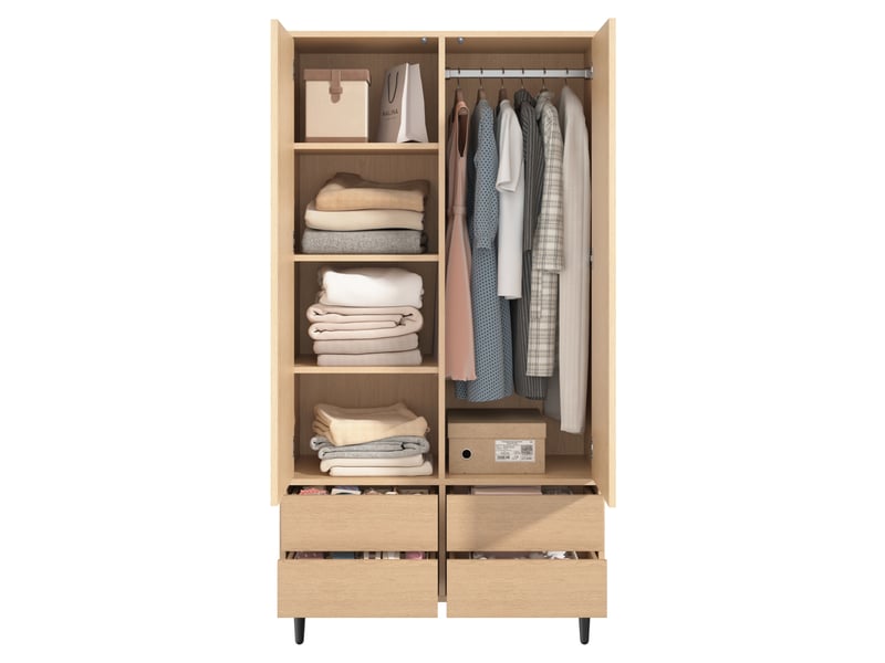  Armoire penderie 90 x 45 x 200 cm – aspect chêne – 2 portes miroir, 1 penderie, 4 tiroirs et rangements  - Conforama A