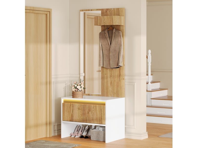  Meubles d'entrée avec miroir, porte-manteaux, banc à chaussures et 2 tiroirs pour entrée blanc naturel 60 × 38 × 145 cm  - Conforama B