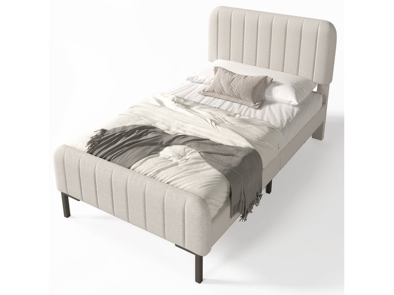  Lit simple enfant 90x190 cm gris beige clair lin, tête de lit réglable, sommier à lattes inclus  - Conforama A