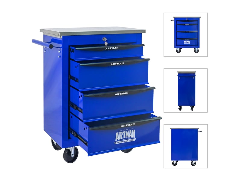Chariot à outils 4 tiroirs - noir & bleu - acier robuste - dimensions assemblées 62.5x34.5x78 cm - poids 22.5 kg 62.5x34.5x78cm - Conforama D