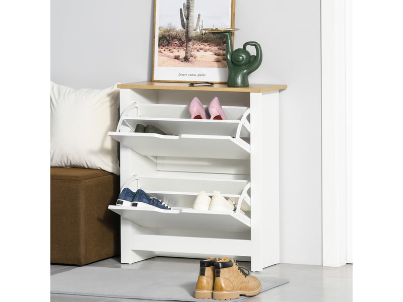  Meuble à chaussures 12 paires, armoire à chaussures étroite avec 2 tiroirs rabattables et étagères réglables, style moderne, pour couloir, entrée, blanc et bois naturel, 72 x 26 x 80 cm  - Conforama E