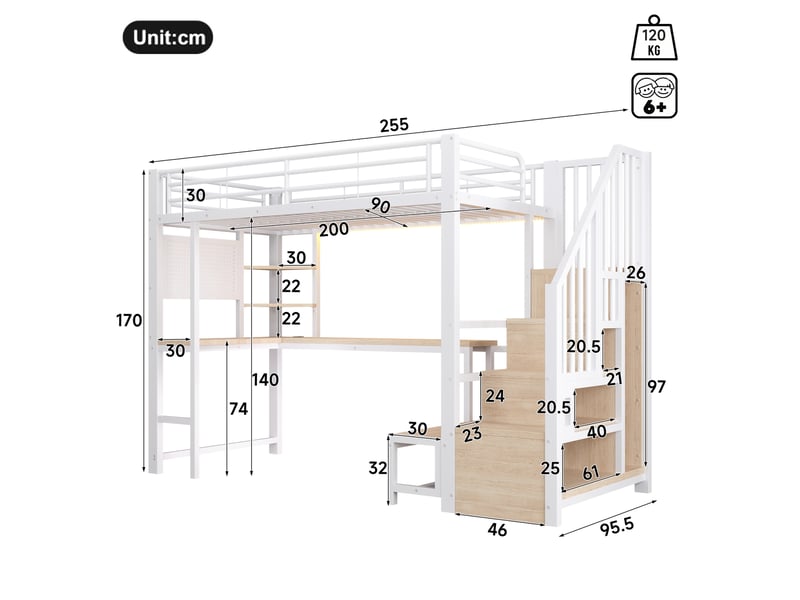  Lit mezzanine 90 × 200 cm avec bureau, étagères, led, usb et type-c, sans matelas, en métal blanc  - Conforama D