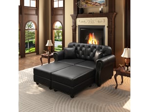 Canapé chesterfield 2 places + 2 poufs en simili cuir noir, 160 cm