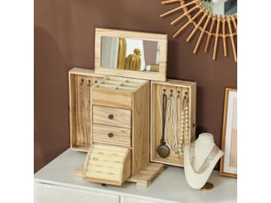 Coffret à bijoux en bois à 4 niveaux, organisateur de bijoux pour femme avec 2 tiroirs et miroir pour boucles d'oreilles, bagues et colliers, naturel