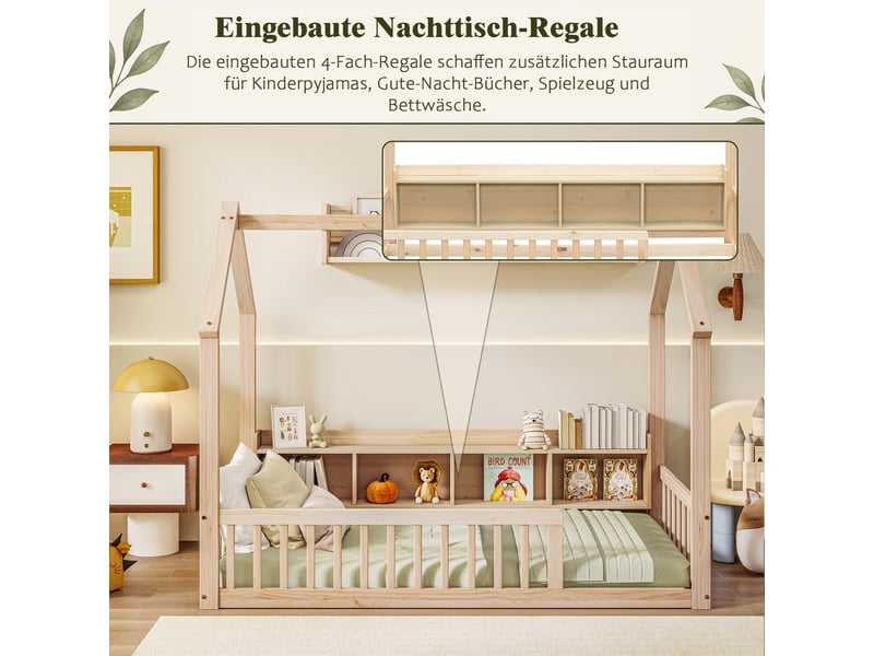  Lit cabane enfant 90 × 200 cm en bois de pin avec barrières de sécurité, étagères de rangement intégrées et cadre maison - naturel  - Conforama D