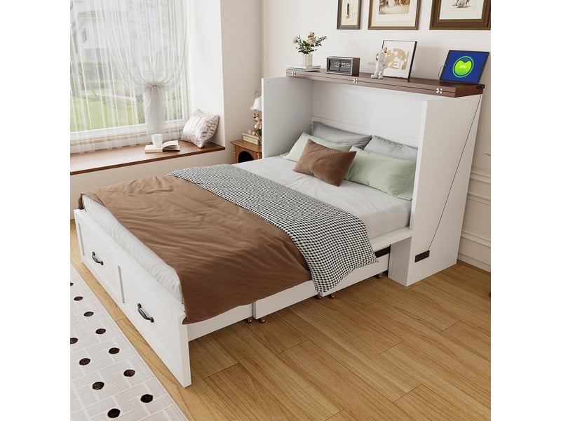  Lit escamotable 140x200 cm avec rangement, prise européenne, cadre en métal et roulettes silencieuses, blanc.  - Conforama B