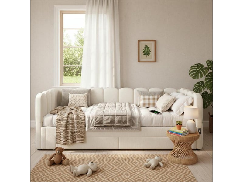  Lit rembourré 90x200 cm, lit de jour avec 2 tiroirs de rangement, canapé-lit extensible à 180 cm, lin beige, avec prise usb  - Conforama R