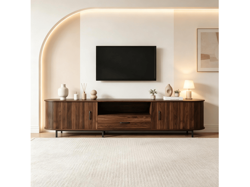 Meuble tv avec 2 portes coulissantes, 1 tiroir et 2 niches ouvertes rétro pour salon en mdf noyer foncé 180 × 40 × 50 cm - Conforama D