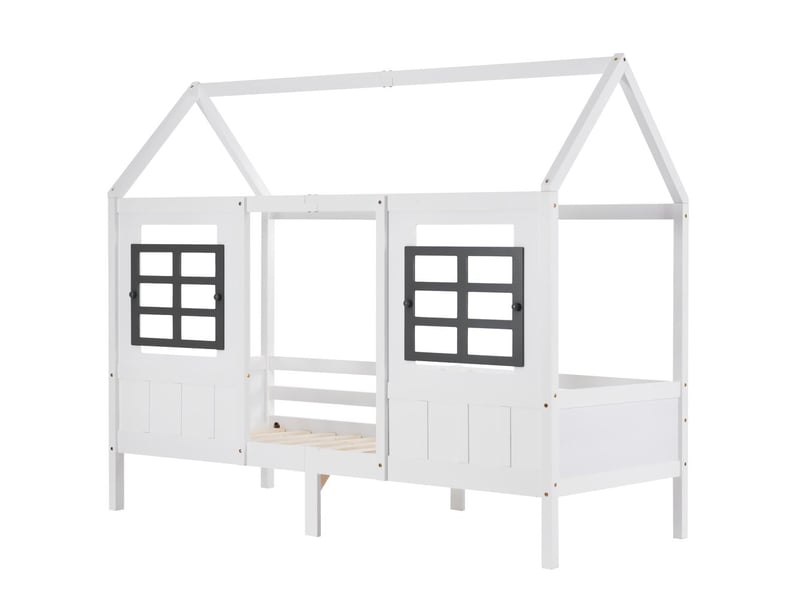  Lit cabane enfant avec fenêtres de sécurité, lit simple en pin et mdf, 90 x 200 cm, blanc  - Conforama W