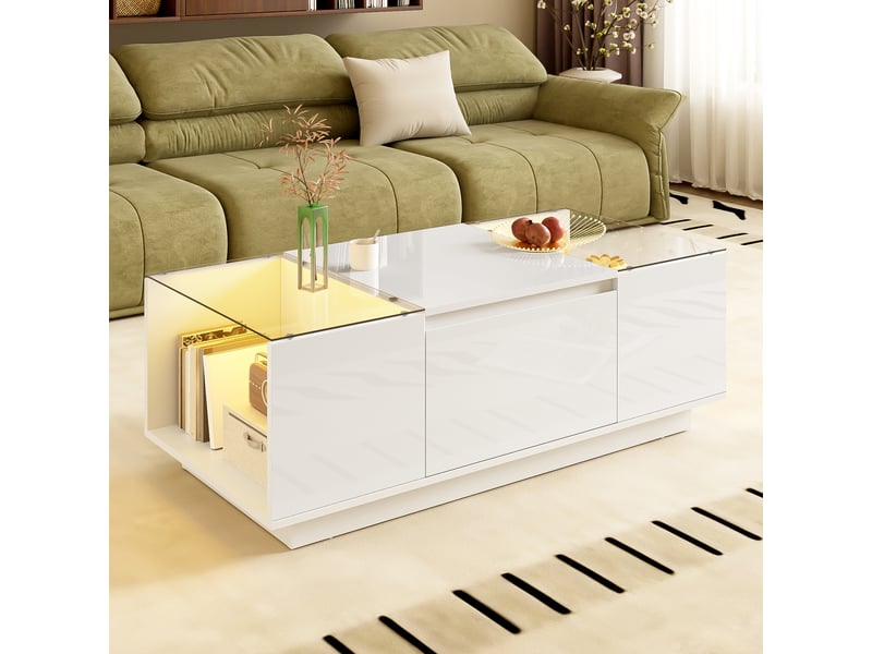  Table basse avec 2 tiroirs, niches et led pour salon 105×50×35 cm en panneaux de particules blanc  - Conforama B