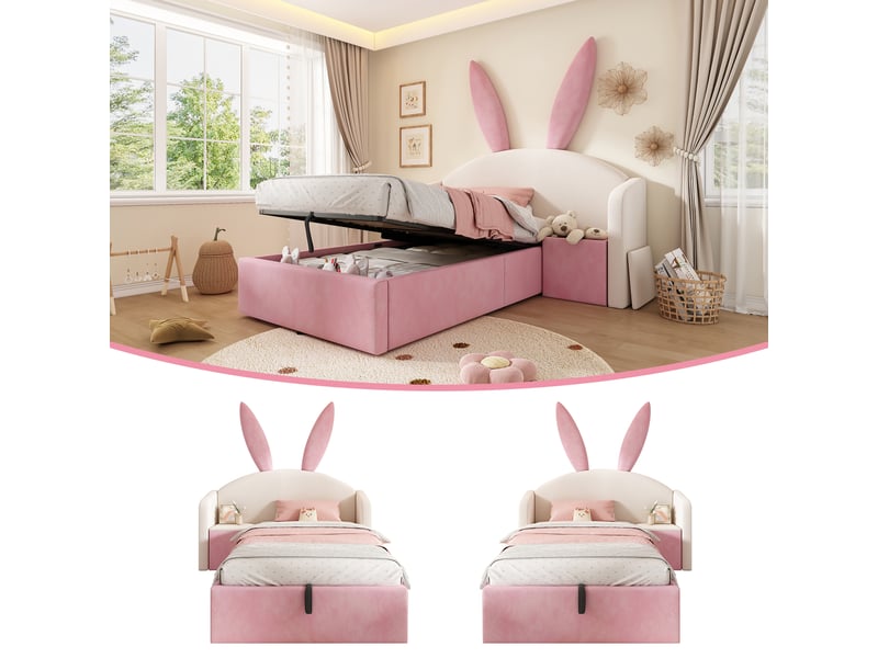  Lit ado rembourré 90x200 cm avec coffre hydraulique, table de chevet et tête de lit oreilles de lapin, cadre en velours, beige et rose (sans matelas)  - Conforama E