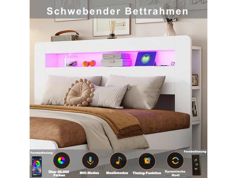  Lit plateforme bois 140 x 200 cm, tête de lit avec rangements, éclairage led et prises, finition blanche  - Conforama E