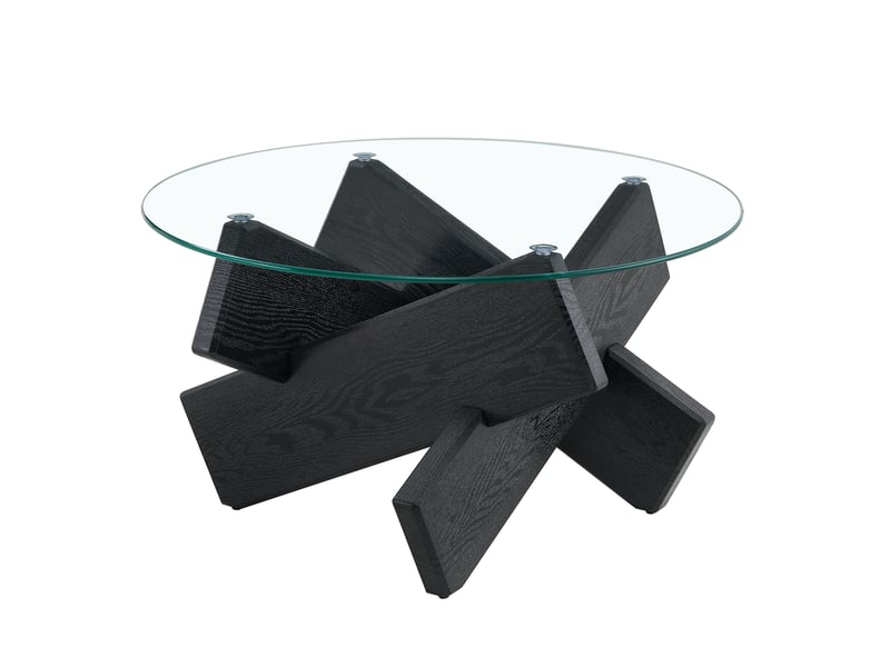  Table basse ronde moderne en verre et mdf, pieds effet bois noir, ø79 cm, design élégant  - Conforama D