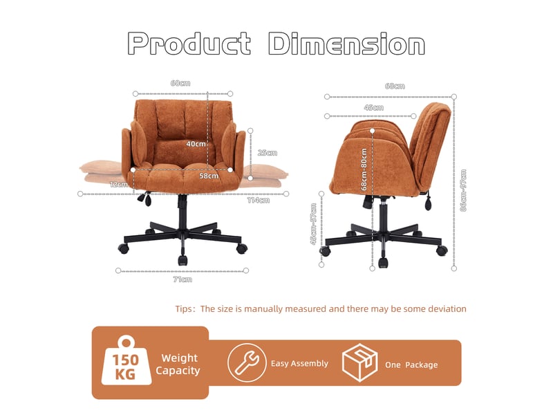 Chaise de bureau pivotante avec accoudoirs rabattables, hauteur réglable et soutien lombaire, tissu orange 72×54×32 cm - Conforama D