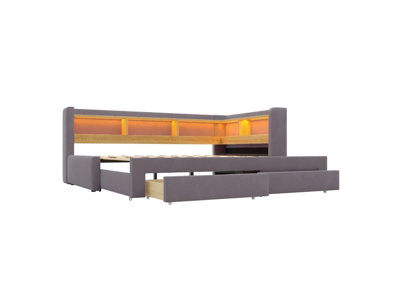 Lit gigogne 90x200 cm gris en velours, extensible en couchage 180x200 cm avec rangements, led et prise - Conforama D