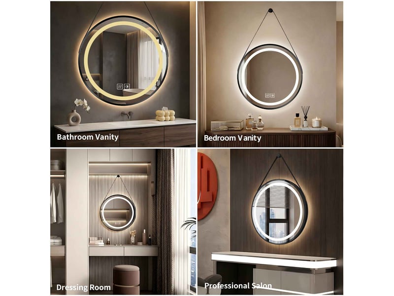  Miroir de salle de bain led 70 cm rond avec sangle noire anneau lumineux intégré verre sécurit tactile anti-buée blanc  - Conforama B