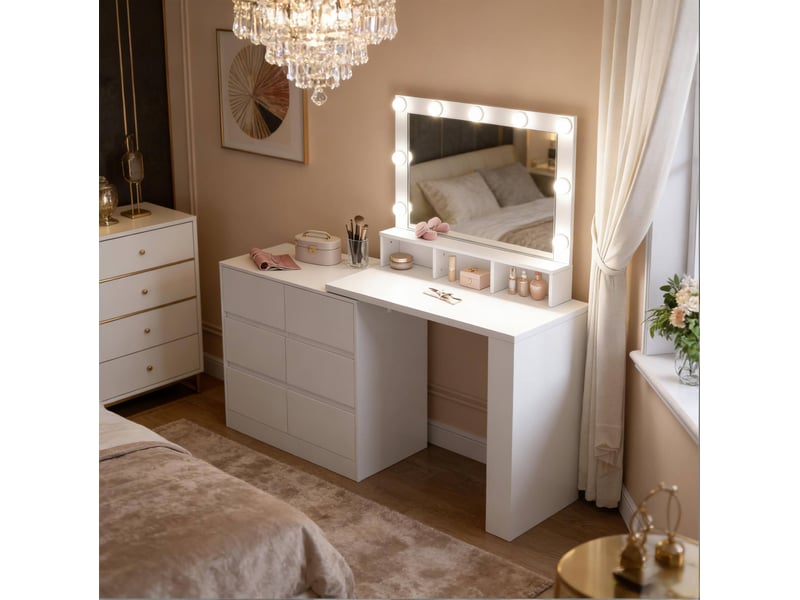 Coiffeuse avec miroir led et rangement 2-en-1, 6 tiroirs, blanc evryae  - Conforama C