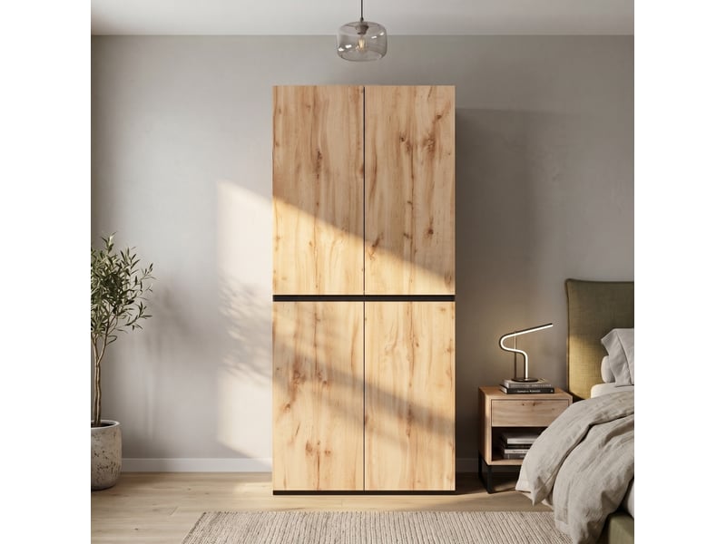  Armoire 90x50x200 cm, 4 portes, 1 barre de penderie, 2 tiroirs, mdf, bois, rangement vêtements, chambre et dressing  - Conforama E