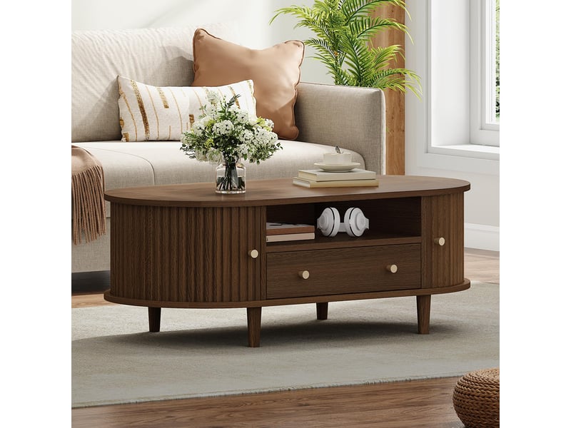 Table basse 100x50x36 cm noyer tiroir rangement ouvert porte coulissante 4 pieds table d’appoint - Conforama B