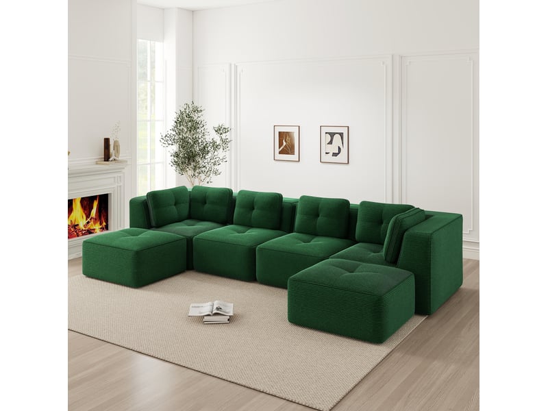  Canapé modulable en u 386x177x69 cm, sans montage, spacieux accoudoir, 2 poufs, en velours côtelé, vert  - Conforama D