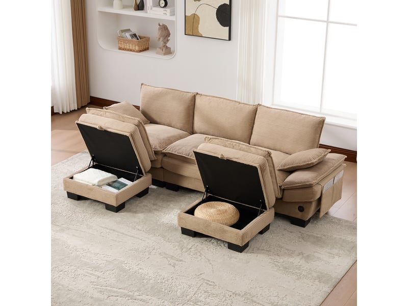 Canapé d'angle panoramique fixe 3 places tissu kaki - Conforama D