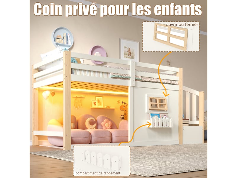  Lit mezzanine enfant 90x200 cm, fenêtre, escalier de rangement, led multicolore Fay Lum - Conforama D