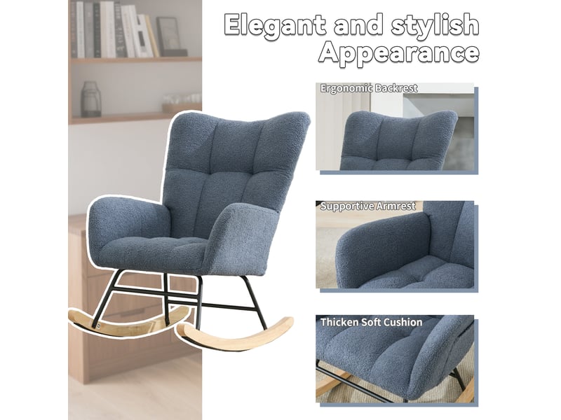  Fauteuil à bascule ergonomique avec accoudoirs, dossier enveloppant et poche latérale, en tissu bouclette bleu marine  - Conforama E