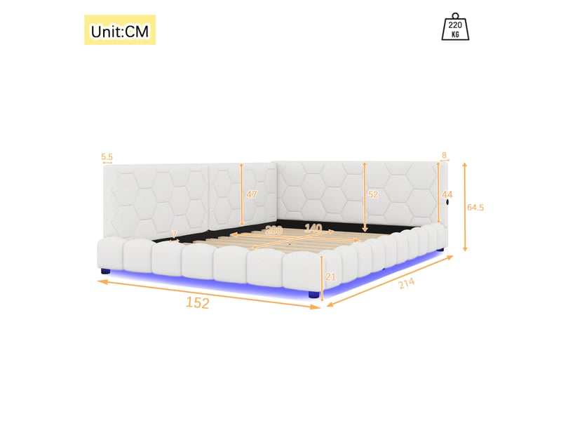  Lit de jour 140x200 canapé lit avec sommier en velours blanc avec led 16 couleurs et ports usbtype-c  - Conforama C