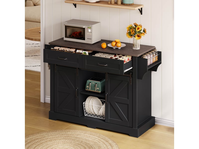  Îlot de cuisine noir style grange avec plateau rabattable, desserte sur roulettes, 2 portes coulissantes, 120x70x91 cm  - Conforama W