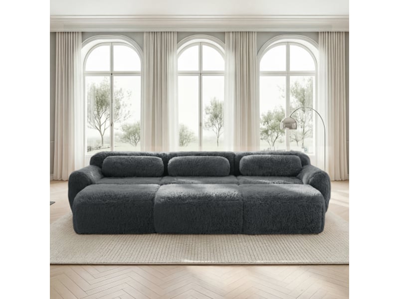  Canapé modulable 3 places en tissu peluche doux avec 3 ottomanes convertible en lit  - Conforama R