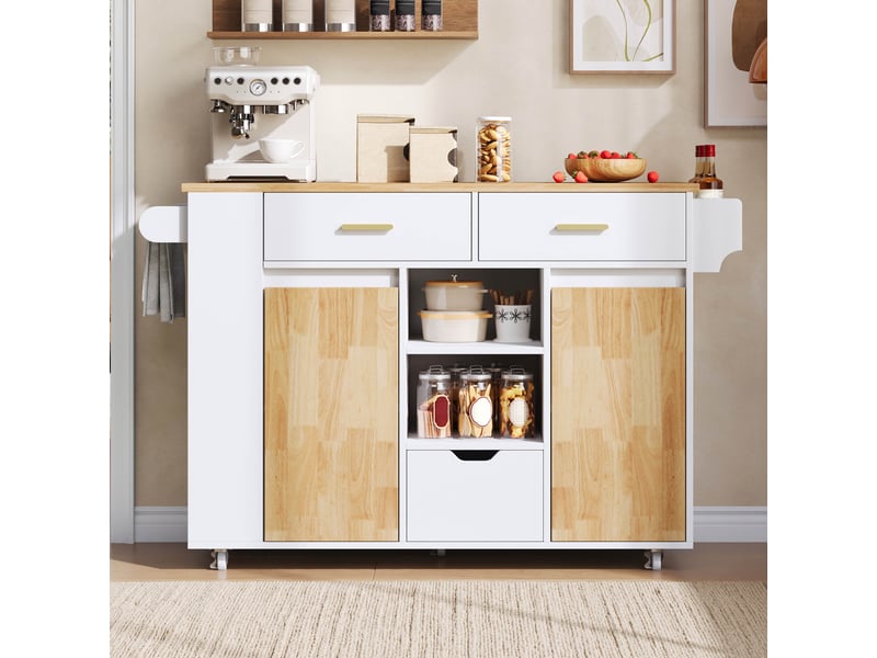  Ilot central de cuisine - 120x71x90cm - desserte avec plateau rabattable 3 tiroirs placards et roulettes - blanc et bois  - Conforama C