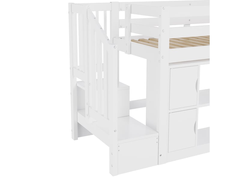  Lit mezzanine 90x200 cm avec rangements, escalier et led, blanc, sans matelas  - Conforama R